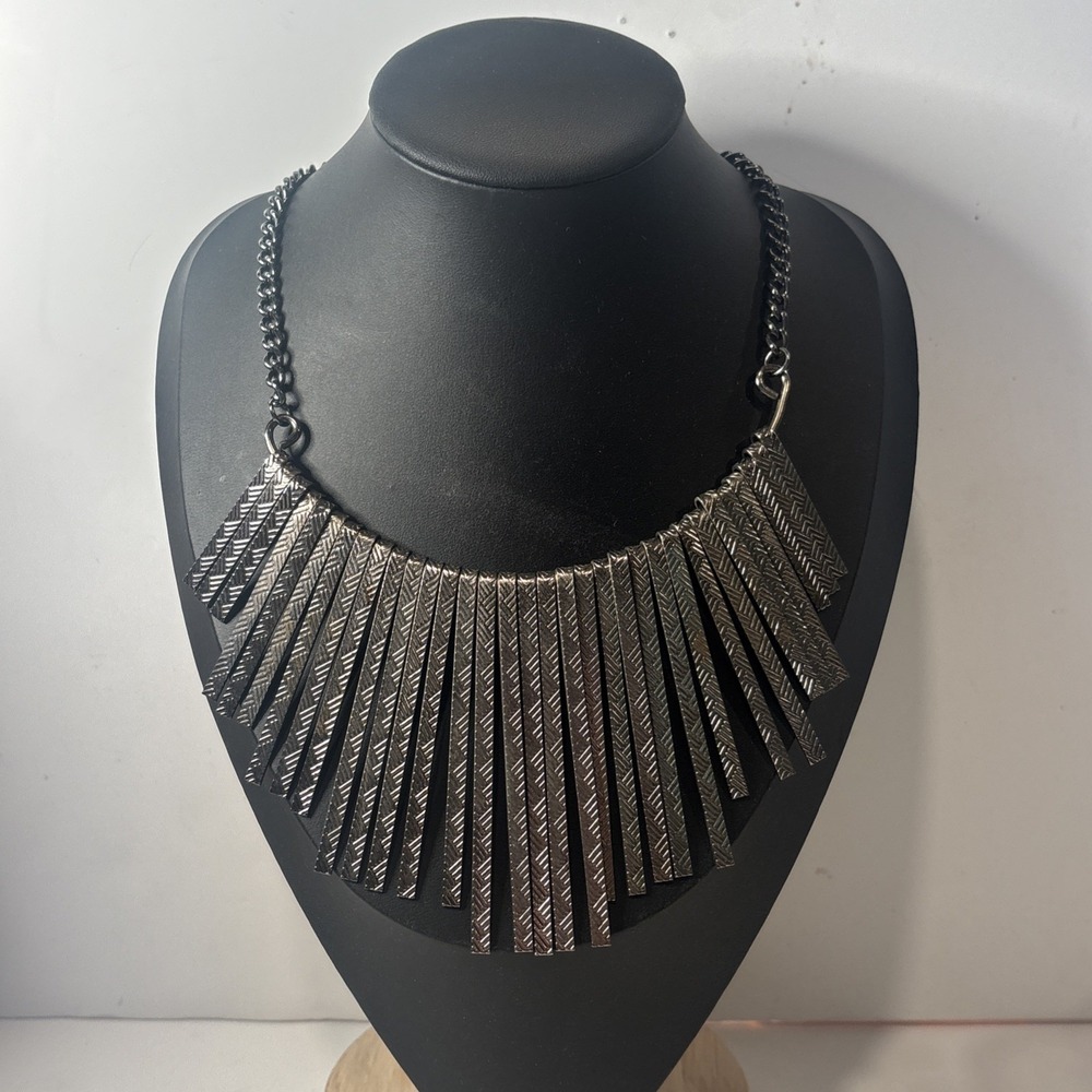 Vintage Gunmetal Chevron Textured Fringe Bib Statement Necklace Boho 20"